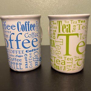 Pair of GIBSON  TEA & COFFEE Ceramic Mugs with Word Cloud Collage Patterns